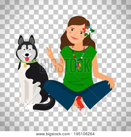 Hippie girl with dog vector isolated on transparent background