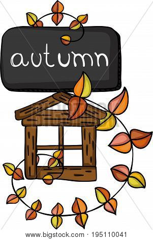 Scalable vectorial image representing a autumn fall with leaves and little wood house, isolated on white.