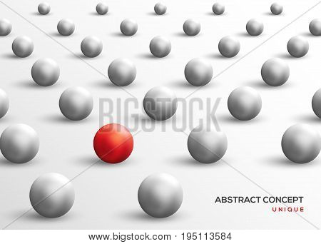 Unique red ball among white ones. Abstract leadership concept. Vector illustration. Business teamwork and success background