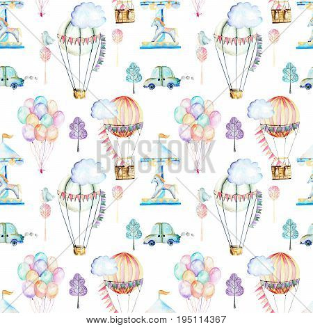 Seamless pattern on weekend theme; watercolor air balloons, aerostats, carousel and cars, hand drawn isolated on a white background