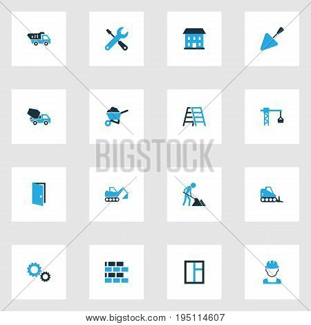 Building Colorful Icons Set. Collection Of Lifting Hook, Digger, Tip Truck And Other Elements. Also Includes Symbols Such As Team, Building, Wall.
