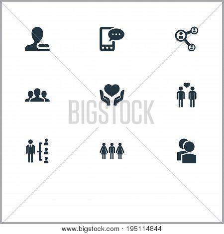 Vector Illustration Set Of Simple Mates Icons. Elements Online Talking, Unity, Camaraderie And Other Synonyms Companions, Group And Human.