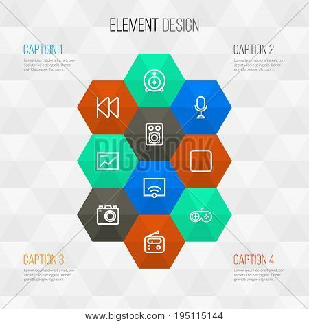 Multimedia Outline Icons Set. Collection Of Chart, Karaoke, Gamepad And Other Elements. Also Includes Symbols Such As Wifi, Button, Microphone.