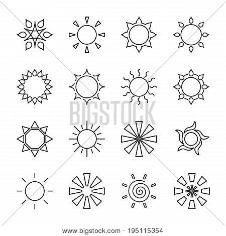 set of stylized sun logo line icon of sun star flower isolated black outline - Simple Outline Pictures set of stylized sun logo line icon of sun star flower isolated black outline - Simple Outline Pictures