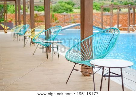 Relaxation area around the swimming pool on the Greek resort island Crete