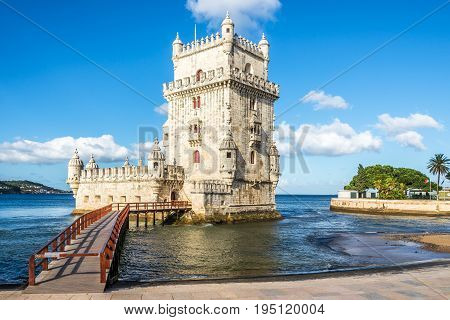 View at the Belem tower at the bank of Tejo River in Lisbon - Portugal