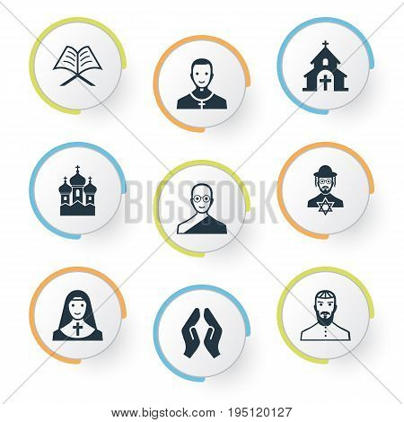 Vector Illustration Set Of Simple Faith Icons. Elements Pater, Jewish Clergy, Orison And Other Synonyms Jewish, Bald And God.