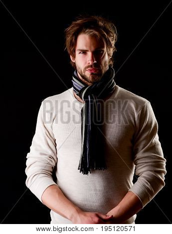 Bearded Macho With Tied Striped Scarf Looking Confidently