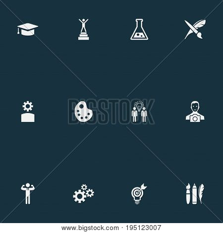 Vector Illustration Set Of Simple Creative Thinking Icons. Elements Project Aim, Champion, Cameraman And Other Synonyms Science, Academic And Businessman.