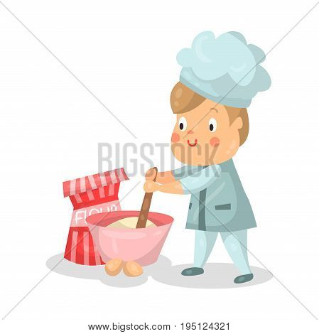 Cute cartoon little boy chef character with mixing bowl and a whisk vector Illustration isolated on a white background
