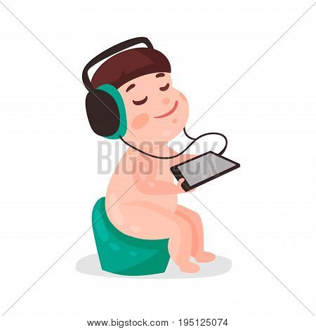 Cute cartoon naked little boy sitting on a pot and listening music with headphones colorful character vector Illustration isolated on a white background