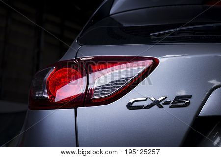 BANGKOK, THAILAND - JULY, 5 2017: Closeup of CX-5 logo on Mazda CX-5 2016 model