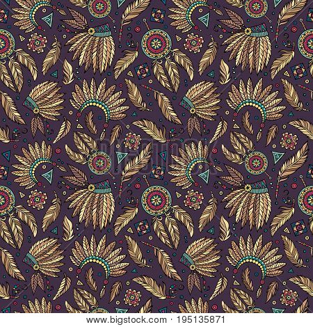 Vector hand drawn cartoon seamless pattern with tribal ethnic elements and objects