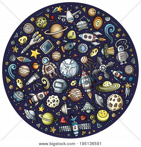 Colorful vector hand drawn set of Spacel cartoon doodle objects, symbols and items. Round composition