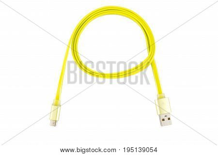Yellow Micro-usb Cable Twisted Into A Ring, On A White Isolated Background. Horizontal Frame