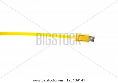 Yellow Micro Usb Connector Cable On White Isolated Background. Horizontal Frame