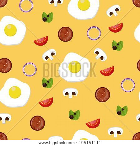 Eggs, Tomato, Mushrooms, Salami. Vector Illustration. Seamless Pattern.