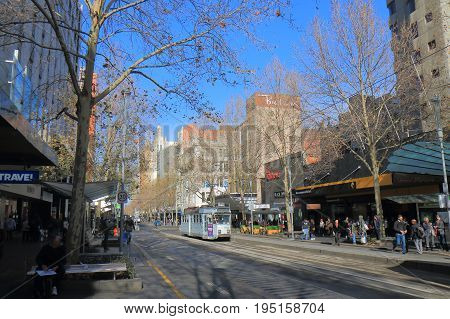 MELBOURNE AUSTRALIA - JUNE 30, 2017: Unidentified people visit Swanston street in downtown Melbourne.