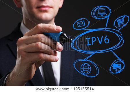 Business, Technology, Internet And Network Concept. Young Business Man Writing Word: Ipv6