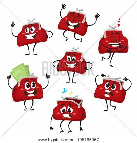Set of cute and funny purse, wallet characters showing various emotions, cartoon vector illustration isolated on white background. Funny leather purse character, emoji, money symbol