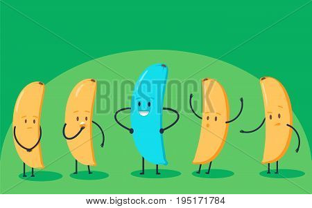 Minimalist stile blue banana changing color and yellow ones. New idea, change, trend, courage, creative solution, innovation and unique way concept. Vector illustration