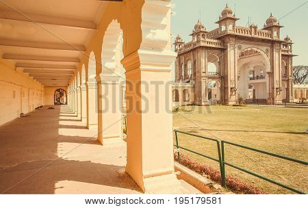 Arches and gates of the royal Palace of Mysore in Indo-Saracenic style, Karnataka state, India