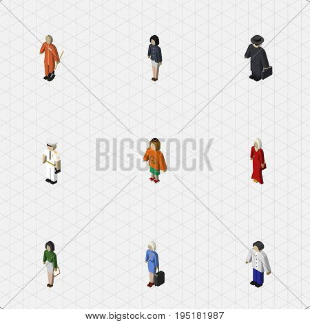 Isometric Human Set Of Girl, Pedagogue, Seaman And Other Vector Objects. Also Includes Female, Lady, Girl Elements.