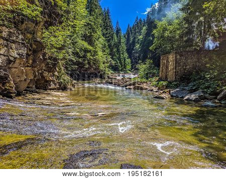 Background Landscape With Waterfall In Yaremche Vilage In Ukraine