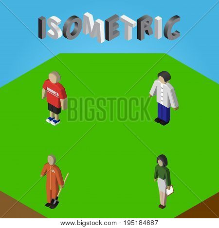 Isometric People Set Of Male, Pedagogue, Cleaner And Other Vector Objects. Also Includes Pedagogue, Cleaner, Man Elements.