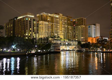 FORT LAUDERDALE, FL, USA - DEC. 25, 2014: Fort Lauderdale downtown luxurious apartment by the Tarpon River at night, Florida, USA.