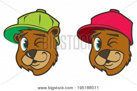 Cool brown cartoon hip hop bear character with cap. Emotion: winking. Vector clip art illustration