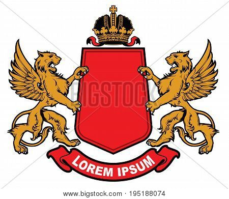 Vector Heraldic elements Isolated on a white background. Coat of arms with lions, crown, shield and ribbon