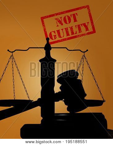 Court gavel and scales of justice with Not Guilty stamp