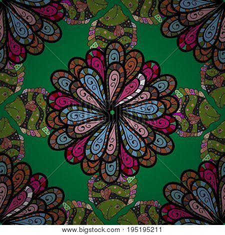 Geometric circle element in glod colors. Spiritual and ritual symbol of Islam Arabic Indian religions. Mandala on colorful background. Vector Round Ornament Pattern.