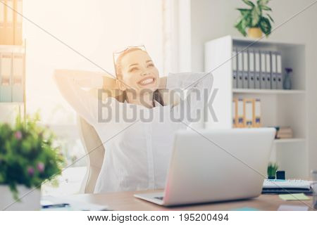 Vacation Is Soon! Successful Relaxed Brunette Girl Secretary Is Resting At Her Work Place And Dreams