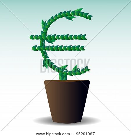 Green Leaves Laid Out In The Form Of An International Graphic Designation Of The Euro, A Tree Growin