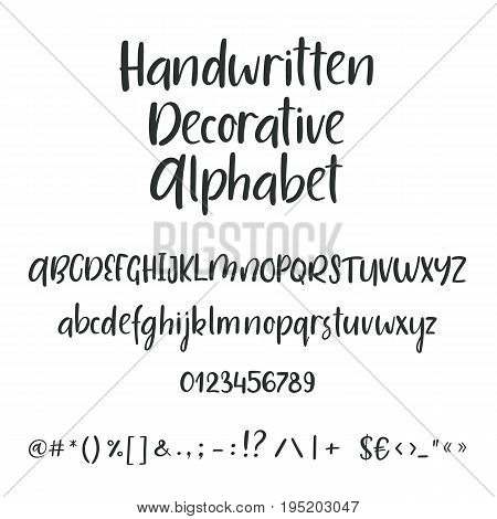 Hand drawn alphabet. Uppercase, lowercase letters and symbols. Handwritten font. Modern calligraphy. Hand lettering for your design: wedding calligraphy, logo, slogan, decor postcard greeting card