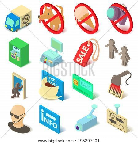 Shop navigation foods icons set. Isopmetric cartoon illustration of 16 shop navigation foods vector icons for web