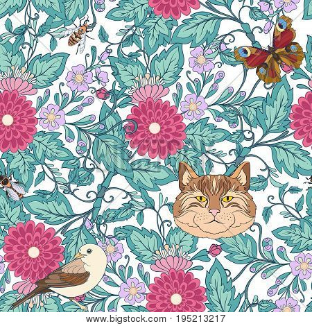Seamless pattern, background with vintage style flowers and cats, bird butterflies, bees in pink and green colors. Stock line vector illustration.