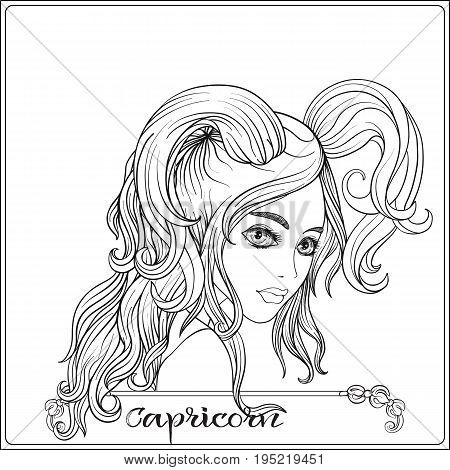 Capricornus. A young beautiful girl In the form of one of the signs of the zodiac.  Outline hand drawing coloring page for adult coloring book. Stock line vector illustration.