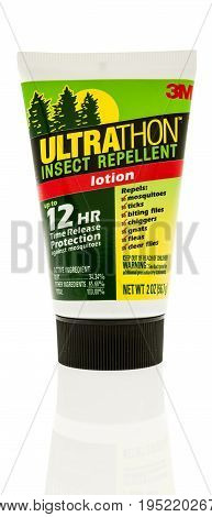 Winneconne WI - 12 July 2017: A bottle of Ultrathon insect repellent on an isolated background.