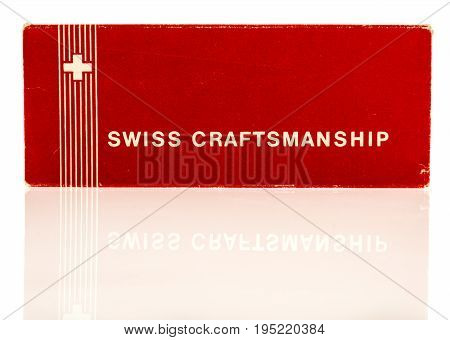 Winneconne WI - 12 July 2017: A vintage Swiss Army knife box on an isolated background.