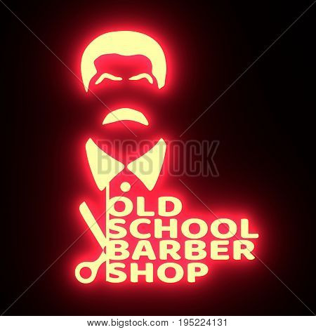Vintage old school barber shop emblem or label. . Mustache man icon with scissors and text. 3D rendering. Neon bulb illumination