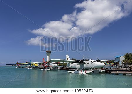 Male Maldives - June 14 2015 : Seaplane harbor of any Maldivian airways operating out of Ibrahim Nasir airport in Male Maldives provides services to several island resorts