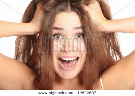 Screaming woman. Isolated over white background.