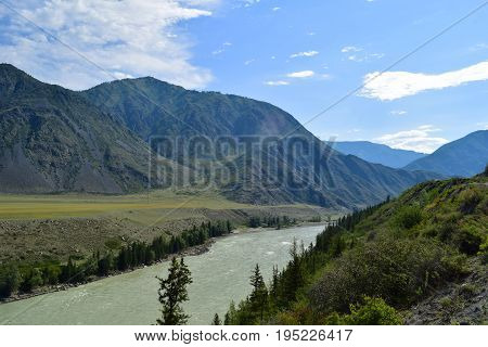 Landscape of Katun river and Altai mountains. Altay Republic Siberia Russia.