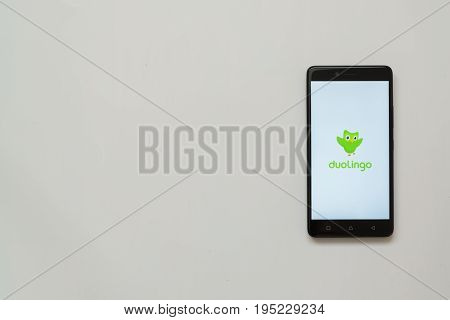 Los Angeles, USA, july 13, 2017: Duolingo logo on smartphone screen on white background.