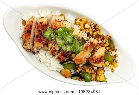 Seared Chicken and Tomatillo Salsa in white bowl over white.