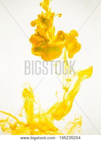 Ink swirl in a water on white background. The paint splash in the water. Soft dissemination a droplets of colored ink in water close-up. Abstract background. Explosion of color splashes acrylic ink.