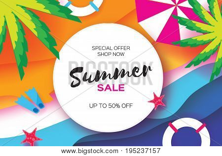 Summer Sale Template banner. Beach rest. Summer vacantion poster. Top view on colorful beach elements. Circle frame with space for text. Paper art style. Vector